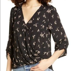 All in Favor Print Wrap Front Gathered Blouse